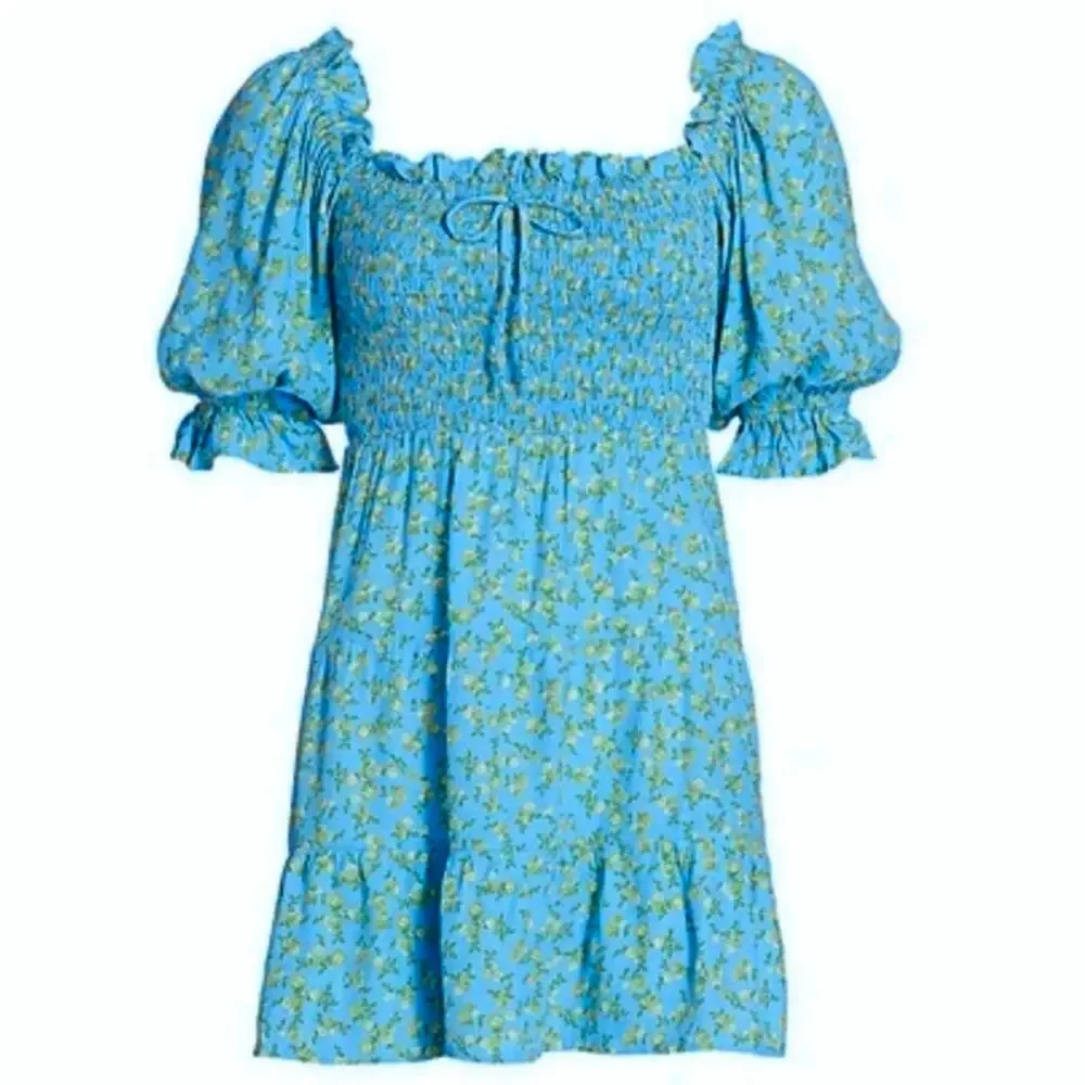 Faithfull the Brand Charolette Smocked Mini Dress Blue Yellow XL - Picture 2 of 9